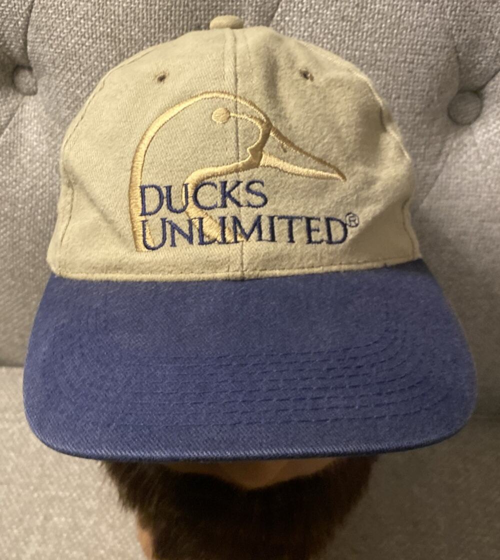 Vintage Ducks Unlimited Tan Blue Strap Back Hat Cap Big Logo